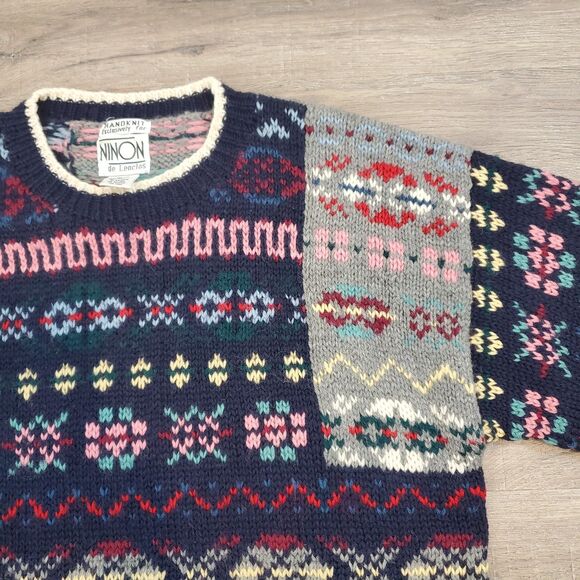 Ninon de Lenclos Handknit 100% Wool Sweater M Fair Isle Patchwork Nordic Cottage - Picture 5 of 11